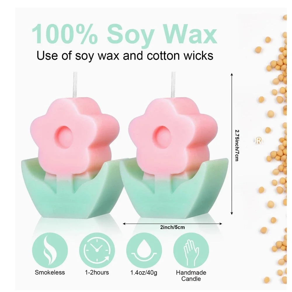 2Pc Pink Flower Soy Wax‎ Candles Tulip Shaped Handmade Pastel Home Decor 2.75in